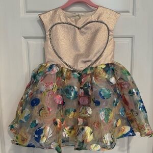 Halabaloo Girls Party Dress Size 4T Gold Heart Bodice Floral Tulle Skirt